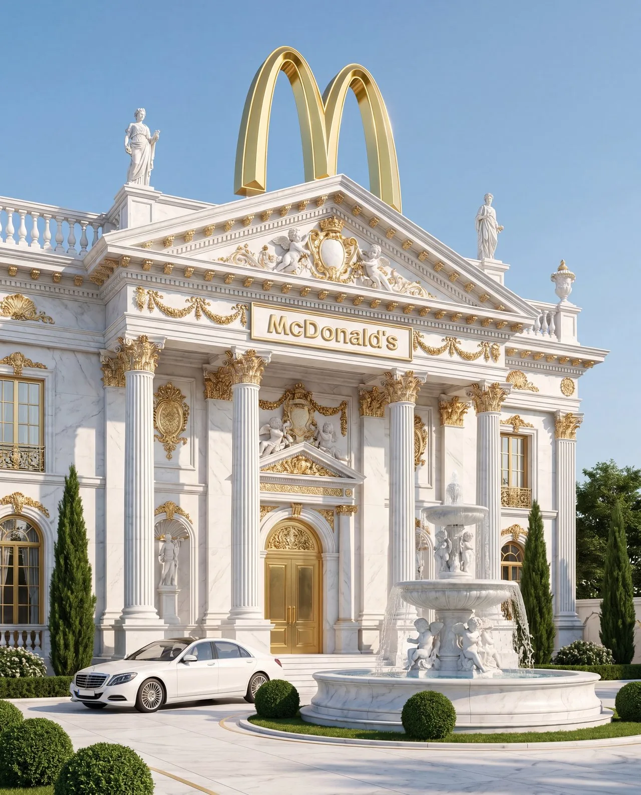 McDonald's costruito come un palazzo rococò con marmo, colonne e arches dorate giganti — incoerenza di posizionamento