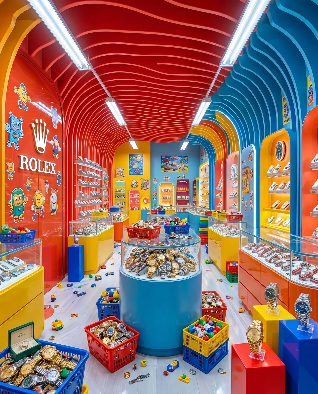 Boutique Rolex decorato come un negozio di giocattoli economico con cestini di plastica colorati pieni di orologi di lusso — incoerenza di posizionamento