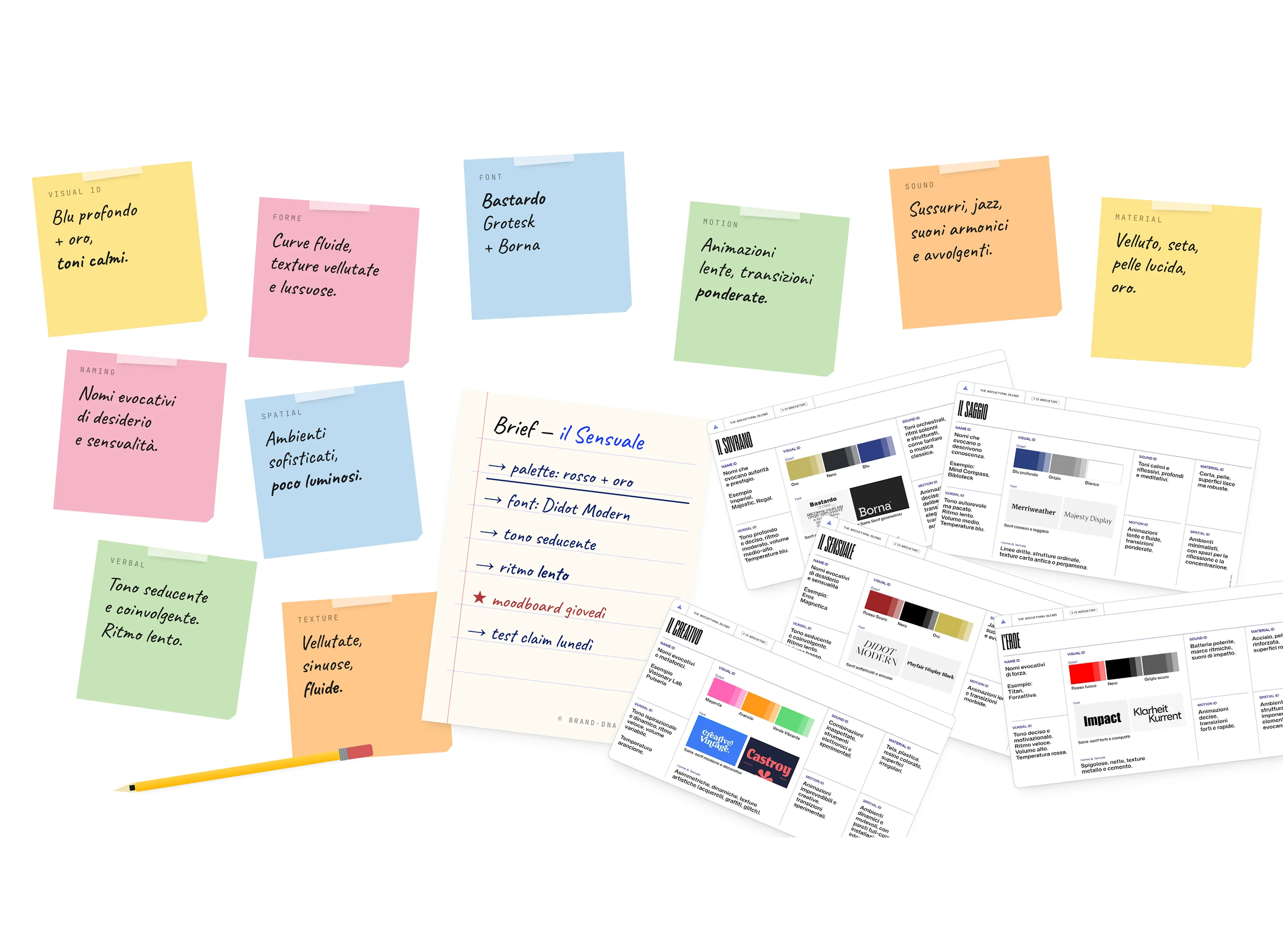 Kit 03 · Quaderno, penne e post-it brandizzati per gli appunti del workshop